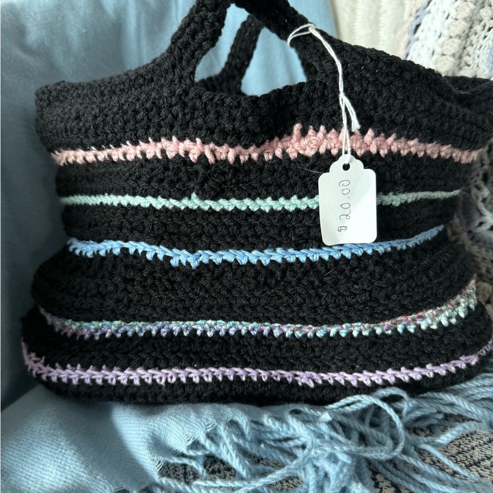 Black Crochet Tote Bag with Pastel Stripes